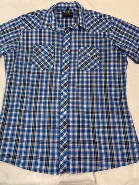 White Horse Men's Blue Plaid Pearl Snap Short-Sleeve Button-Down Shirt XL Cotton